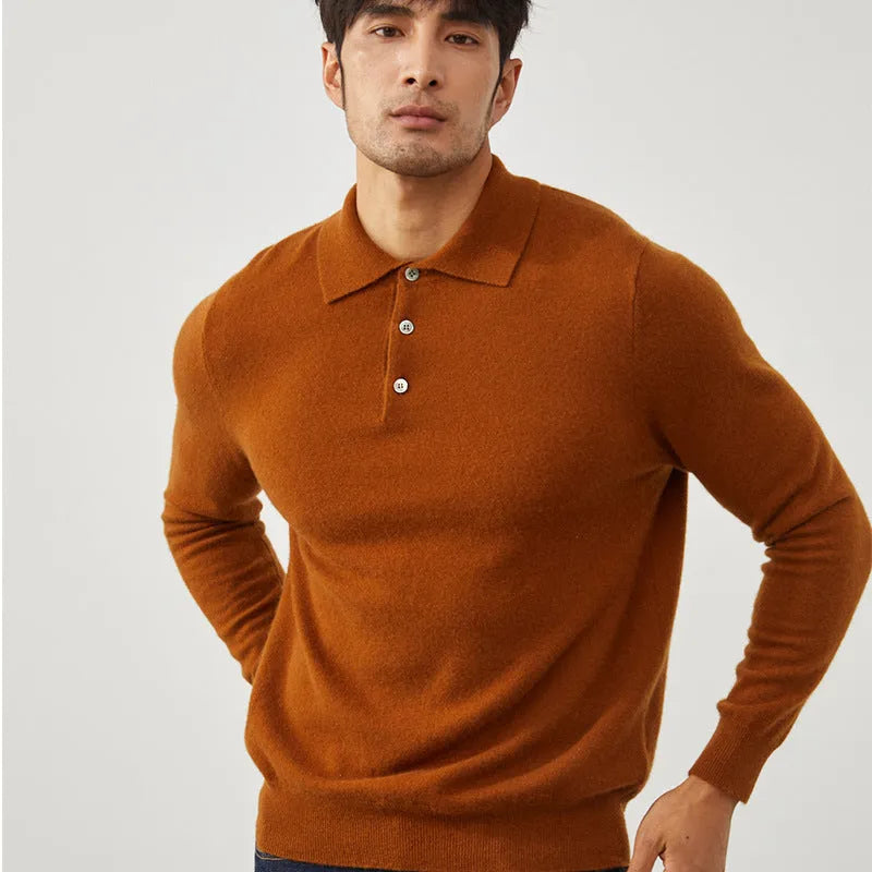 Men's sapphire blue cashmere pullover sweater with a polo collar in a loose fit.