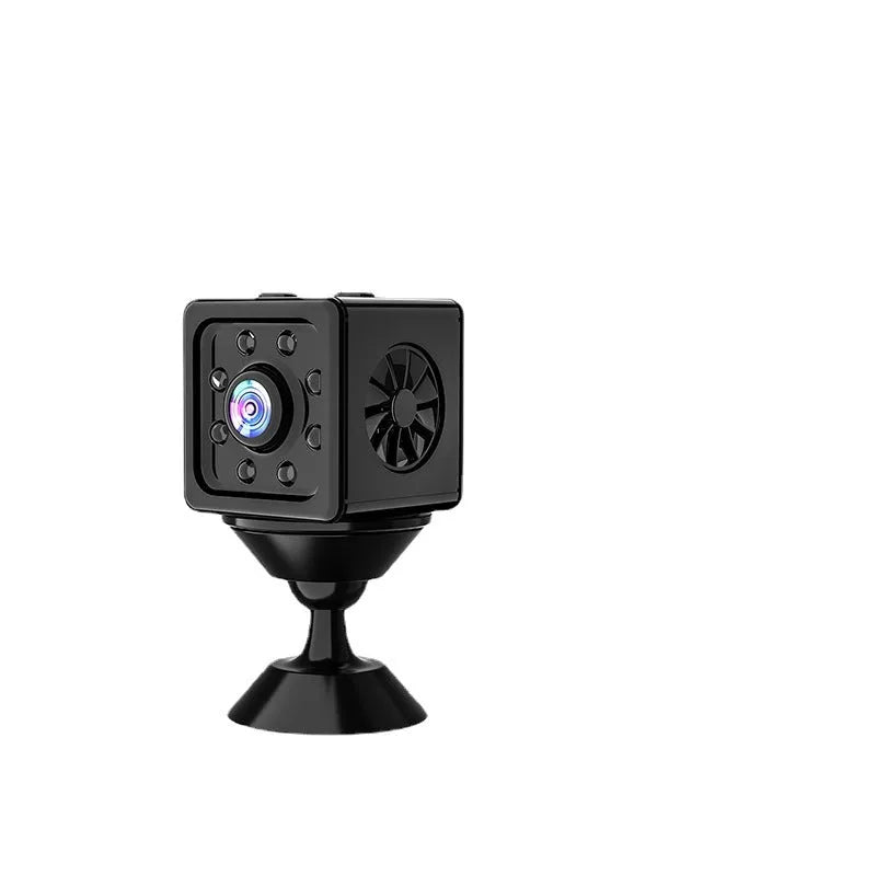 Black cubic K13 intelligent sports HD camera with network function on its supplied mounting bracket.