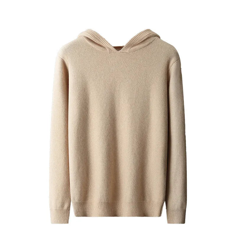 Men's cashmere hooded thickened sweater in solid colour, loose fit, long sleeves, front view