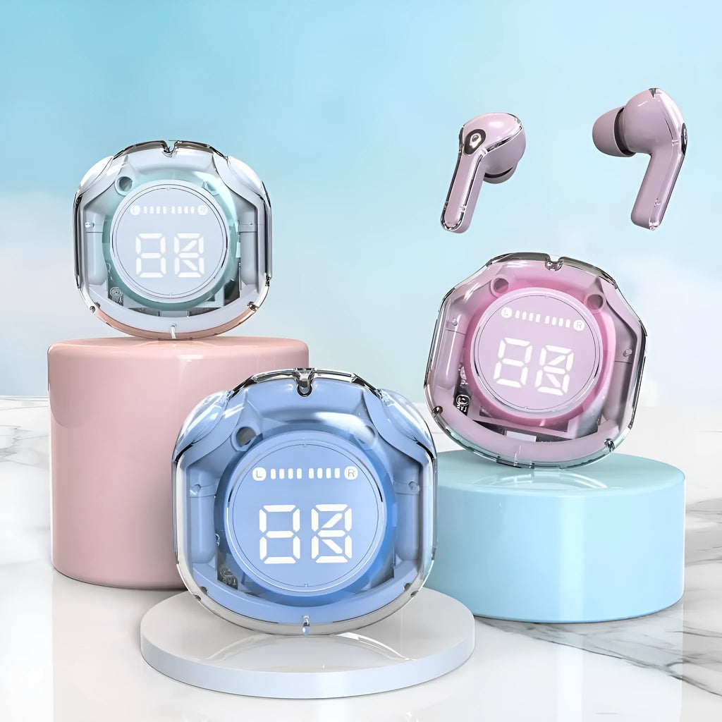 Transparent wireless Bluetooth headset with in-ear design in white, black, pink, sky blue or violet colours