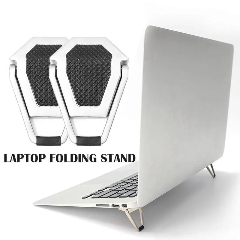 Compact folding aluminium laptop stand bracket in silver with adhesive strips