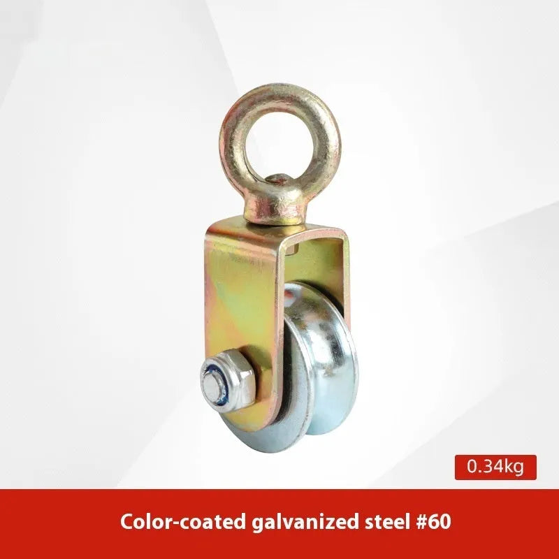 Red forged steel industrial lifting pulley with a safety latch on the hook