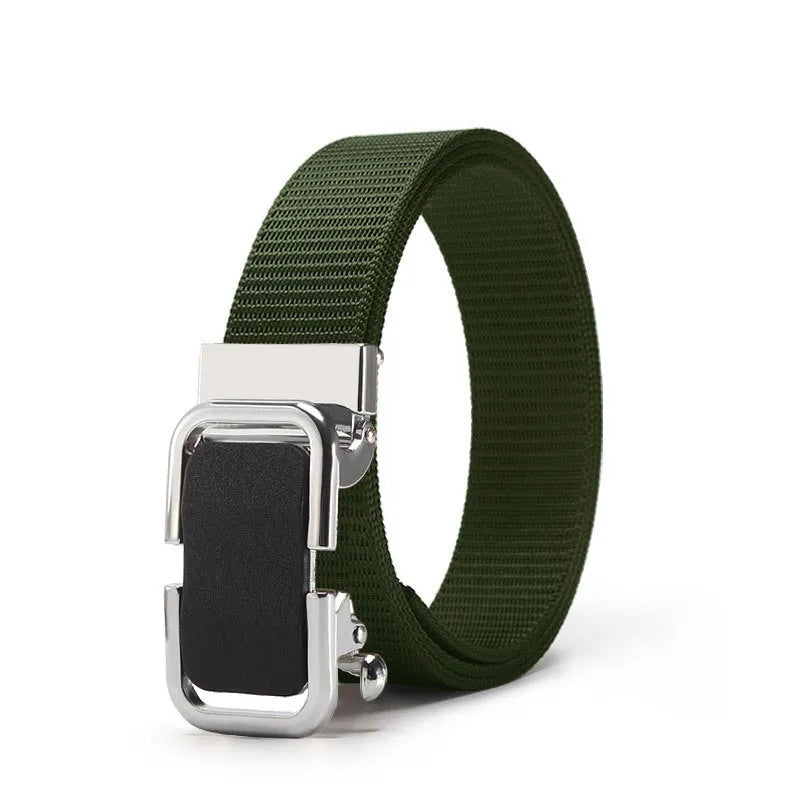 Men's nylon canvas belt with toothless alloy buckle shown in multiple colour options.