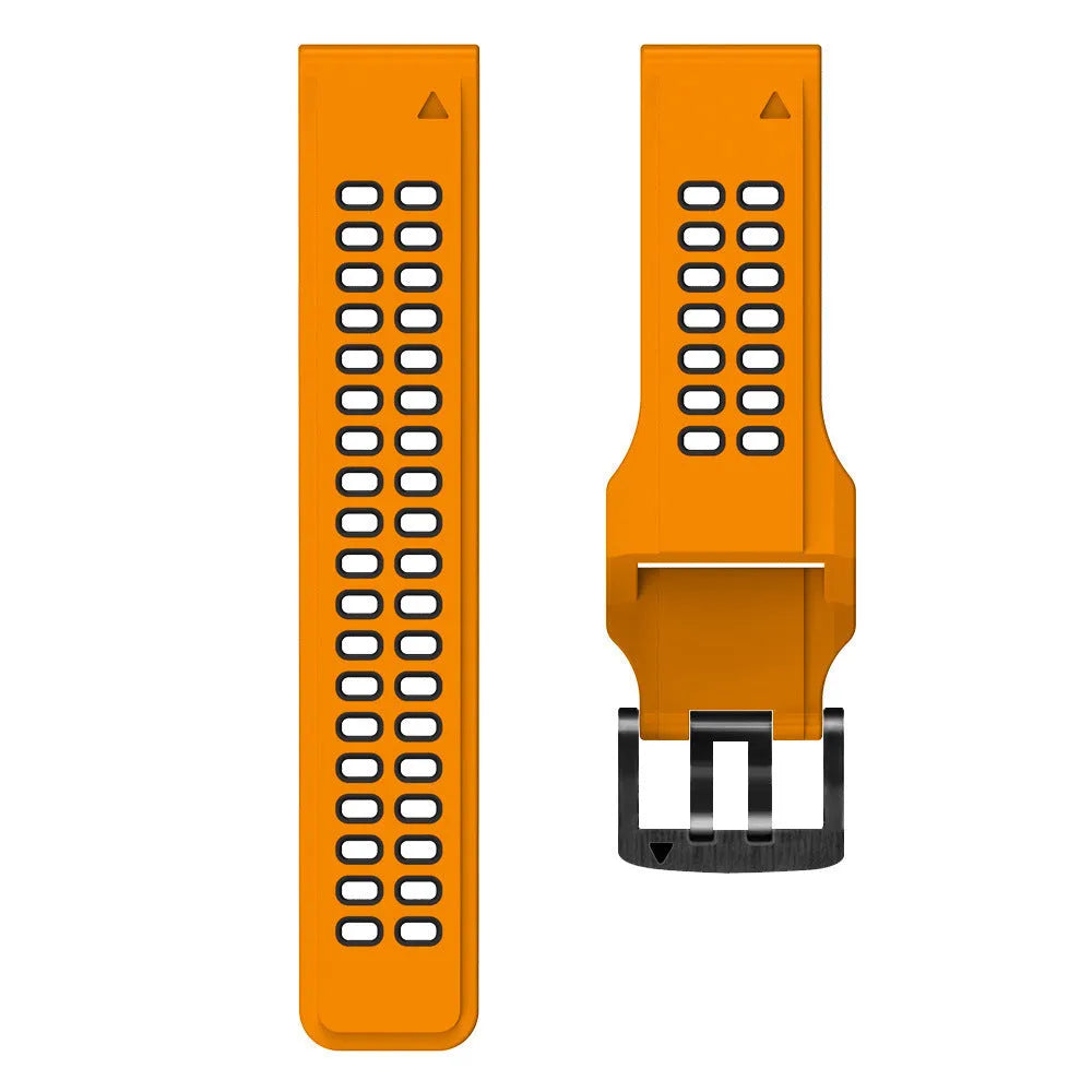 Quick release double row hole silicone watch strap in a two-tone colour on a watch.