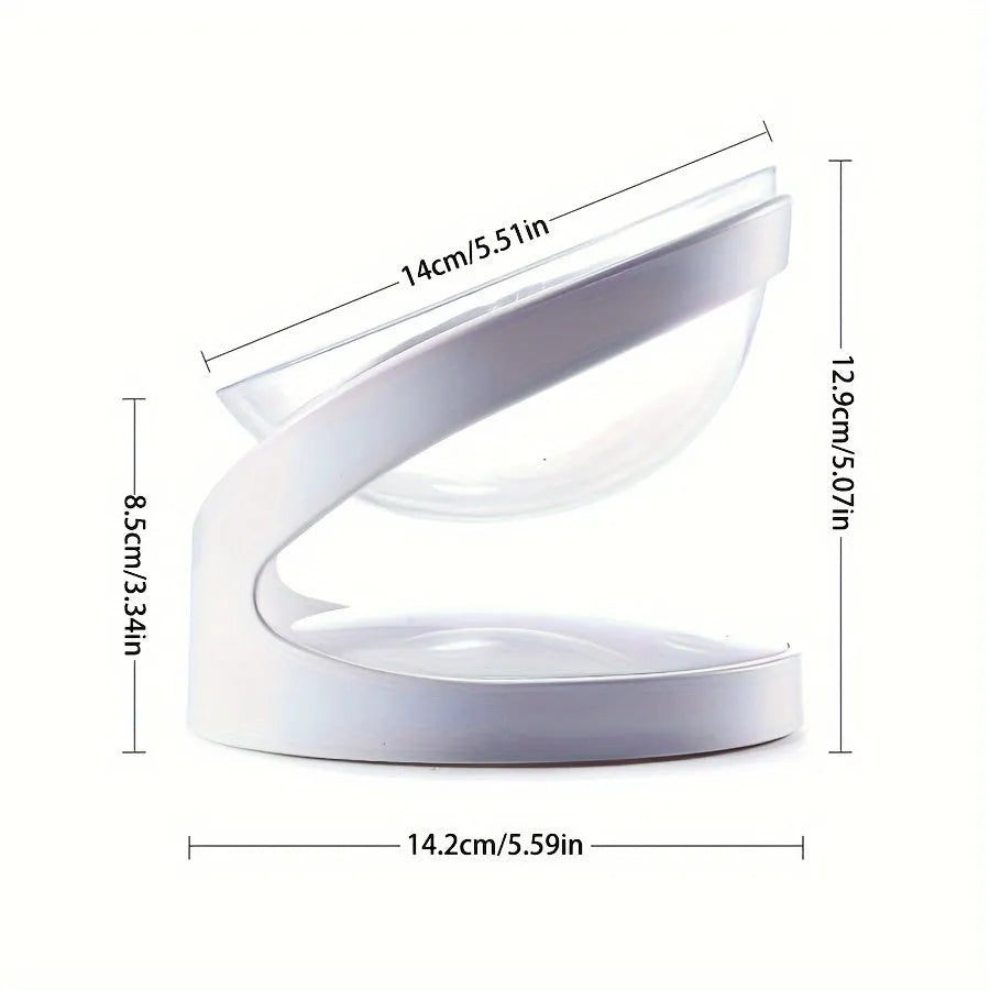 White elevated cat food bowl with clear tilted plastic design for dry and wet food