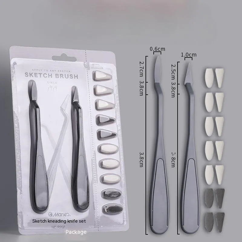 Plastic sketch rubbing knife tool with a fluorescent pen eraser smear tip for art corrections.