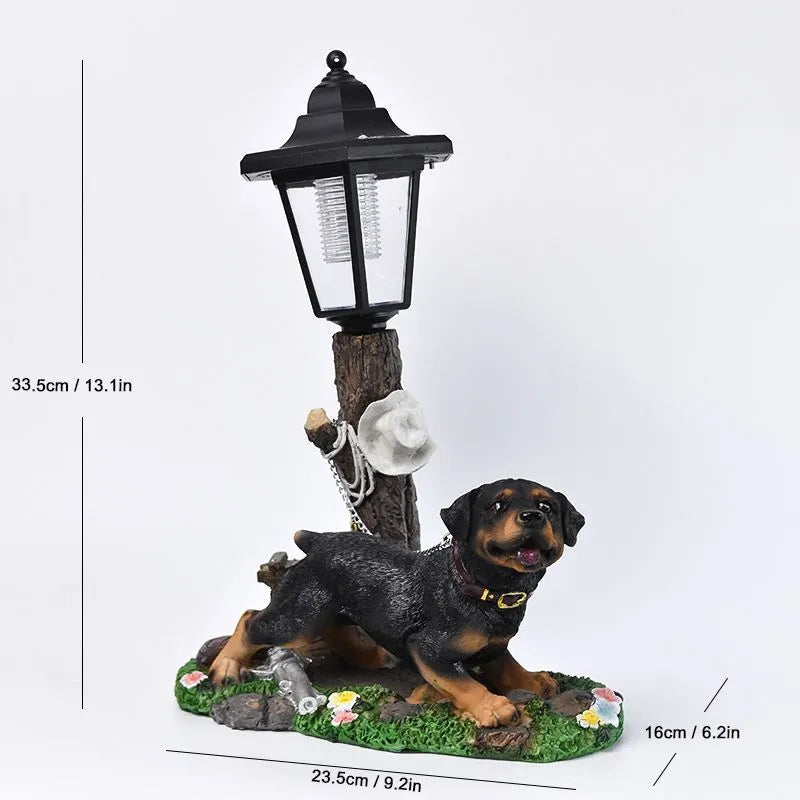 Solar hexagonal garden lamp with decorative resin figurine on plastic base for outdoor pathway lighting