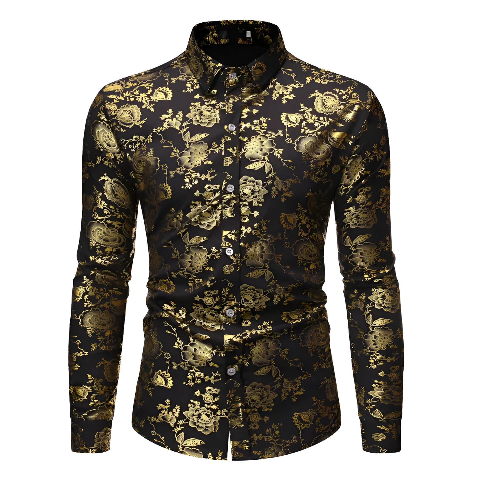 Men's long sleeve lapel shirt with metal bronzing digital print in Wine Red, black, blue, or white