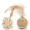 Two cat toy balls: hollow rattan sphere and faux feather ball with bell