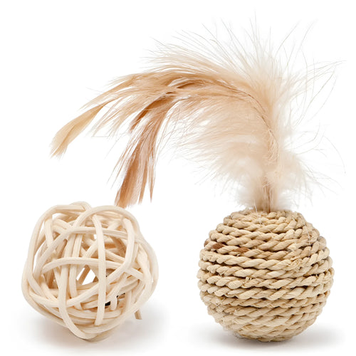 Two cat toy balls: hollow rattan sphere and faux feather ball with bell