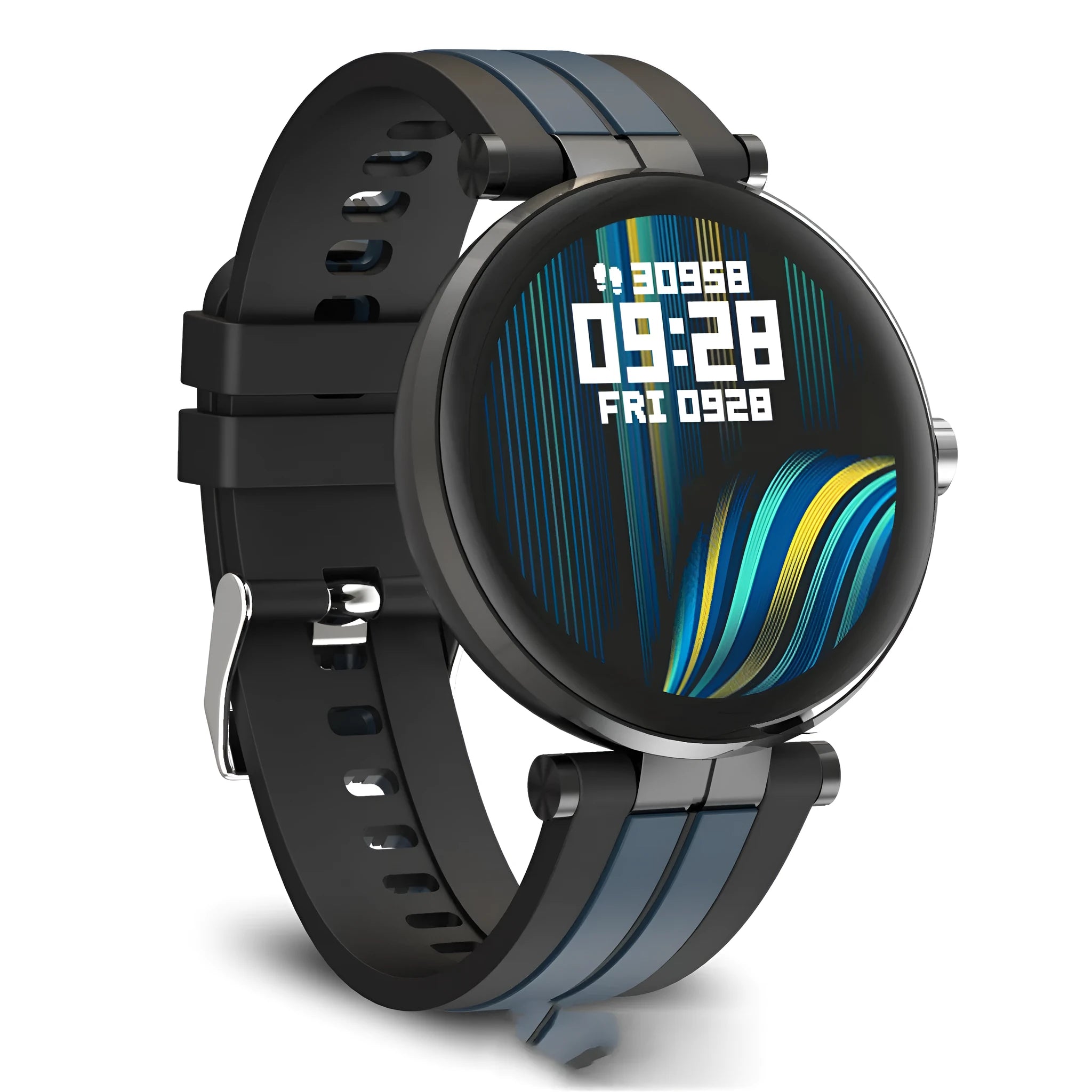 Smart watch with blood pressure monitor on wrist showing heart rate display