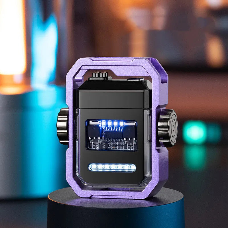 Blue Pulse double arc windproof electric lighter with mechanical gyroscope and USB Type-C charging port.