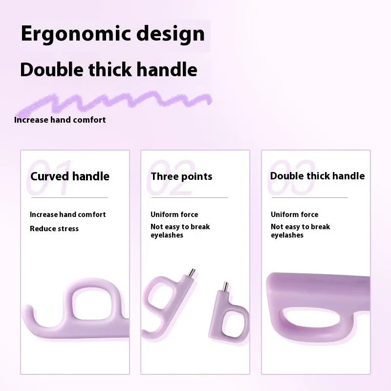 A4 chrome eyelash curler with scissor handles and a tail, shown in pink and purple colour options.