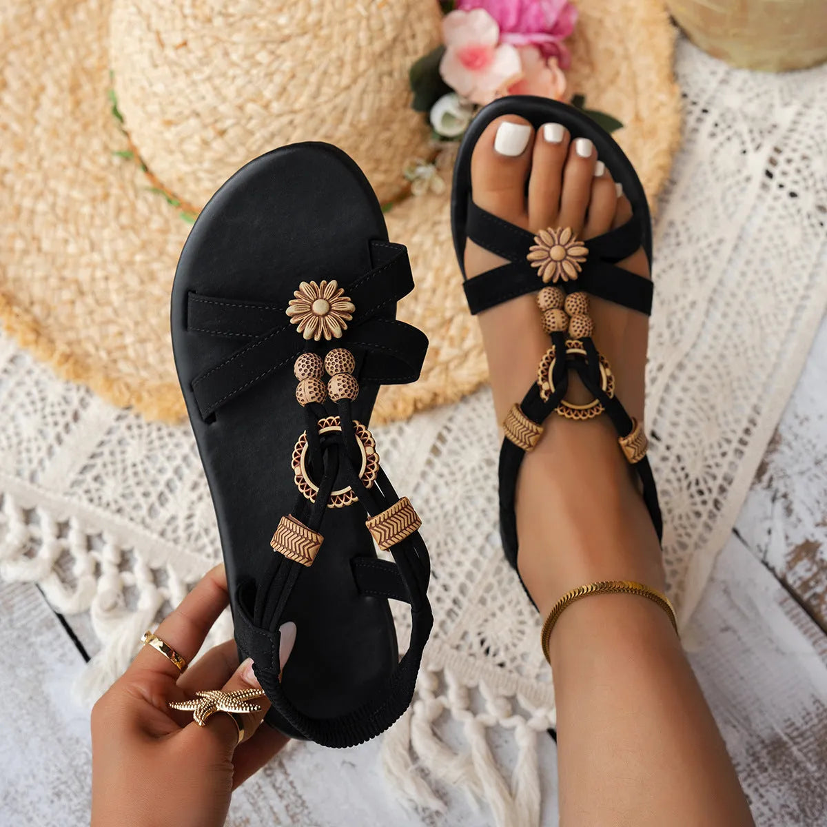 Black ethnic style women's flat sandals with beaded weave and rhinestone decoration