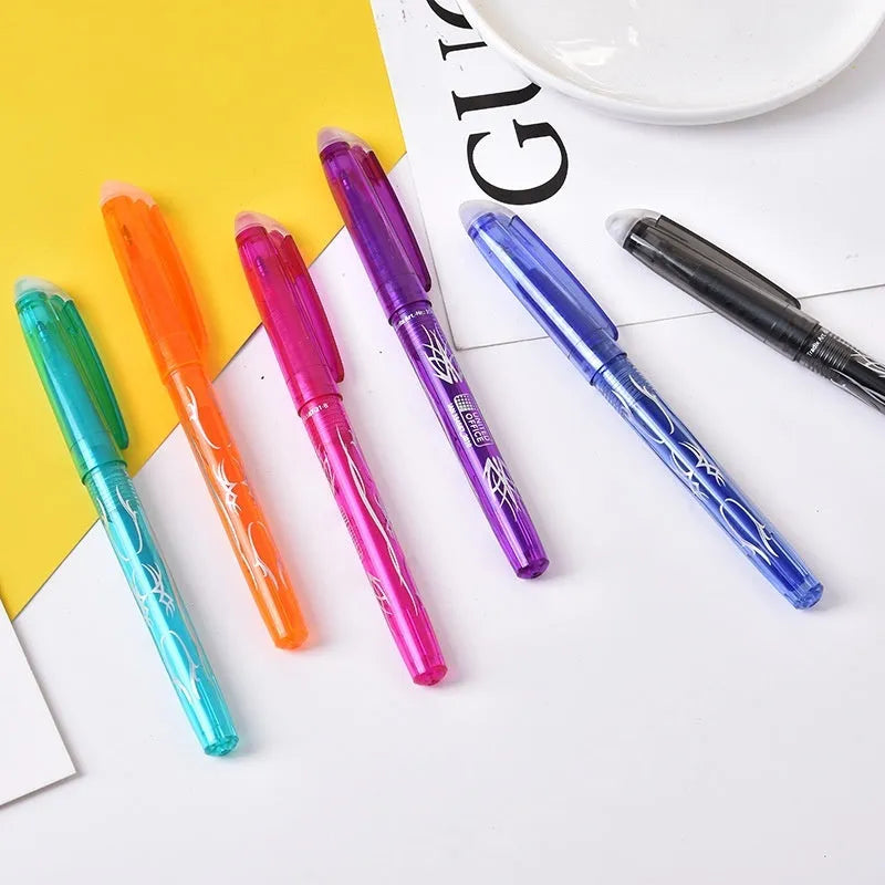 Set of heat-erasable gel pens with plastic barrels and stainless steel tips, showing assorted colours.