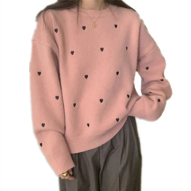 Women's loose crew neck pullover sweater in milky white with love embroidery and long sleeves