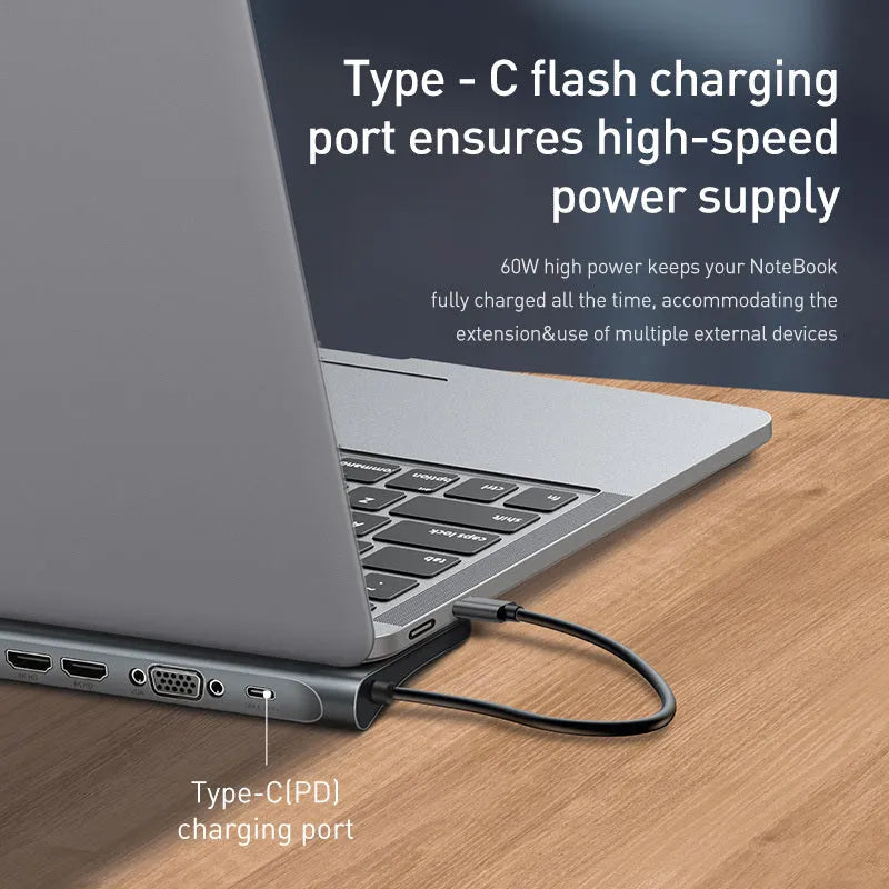 Grey aluminium laptop docking station with cooling bracket and ten ports including HDMI, VGA, and Ethernet.