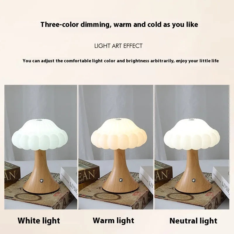 Mushroom-shaped touch lamp with USB charging in wood grain, white, cream, grey, or black for bar and cafe decoration