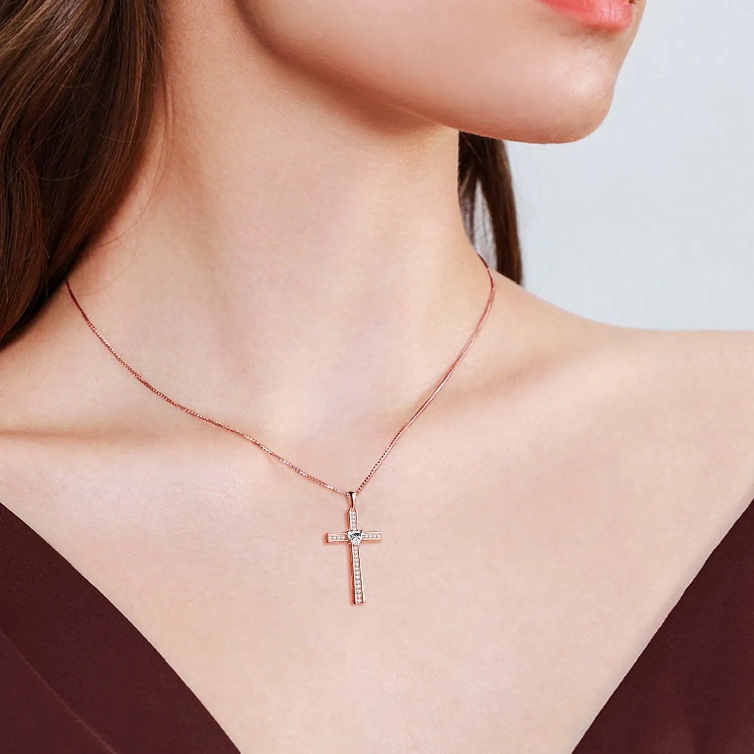 Birthstone rose gold plated cross necklace on 925 silver chain with adjustable 18+2 inch length