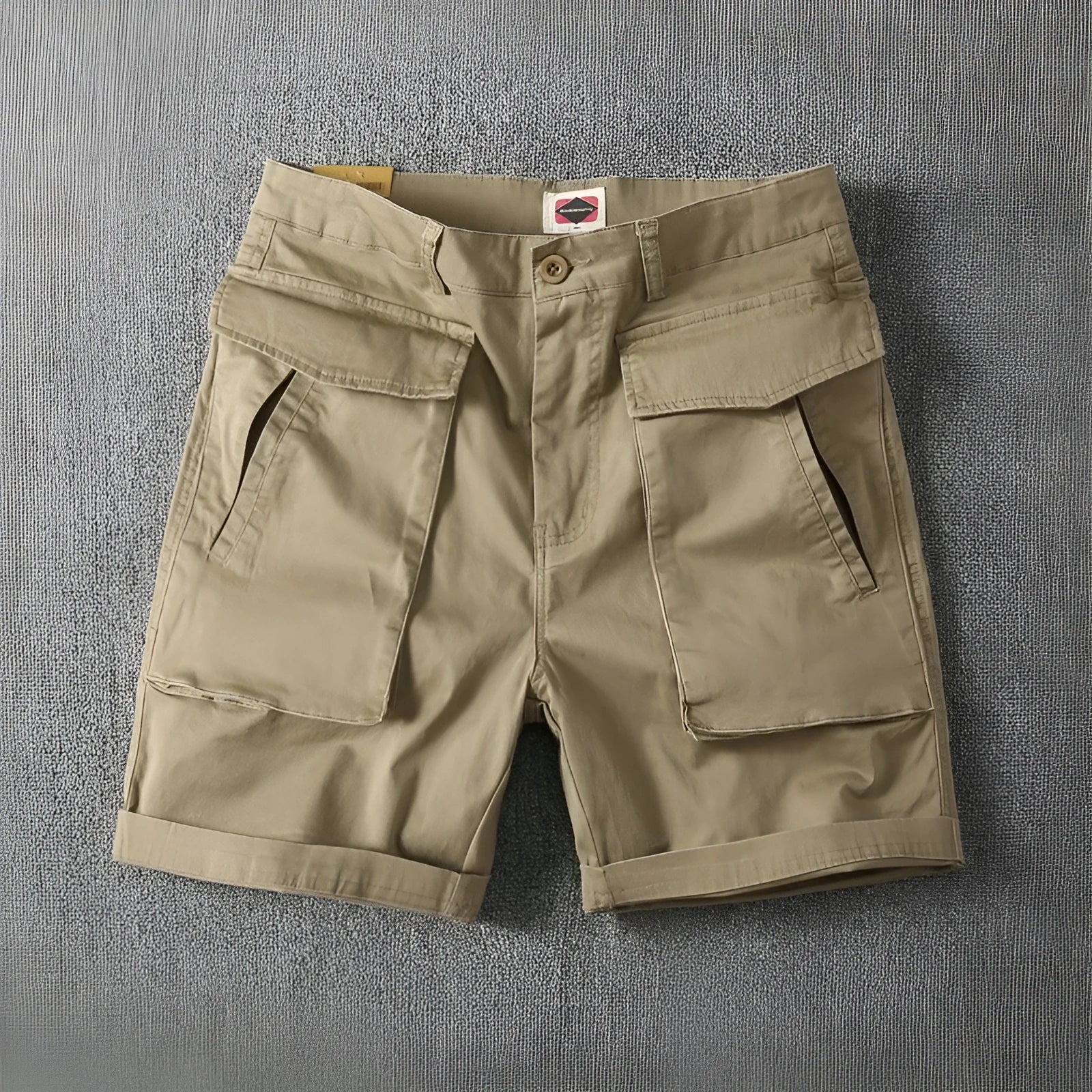 Men's straight-leg cotton cargo shorts with stretch in army green, shown with multiple pockets.