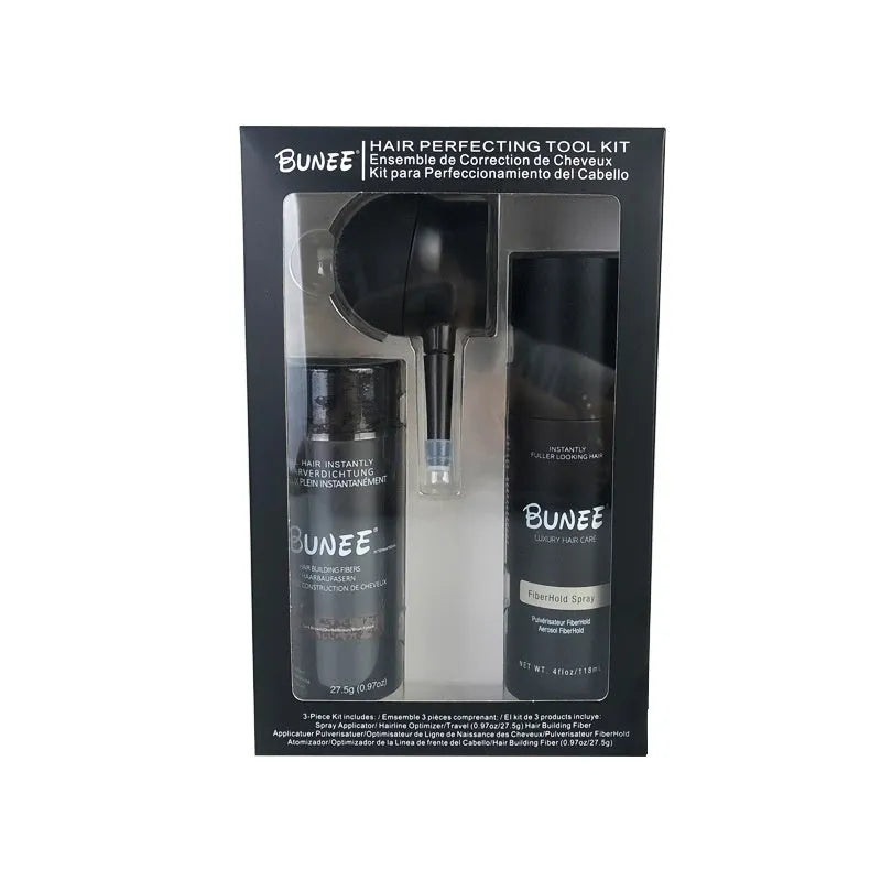 Dense hair fibre powder kit with 275g styling spray and applicator nozzle in multiple colour shades