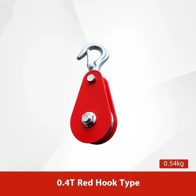 Red forged steel industrial lifting pulley with a safety latch on the hook
