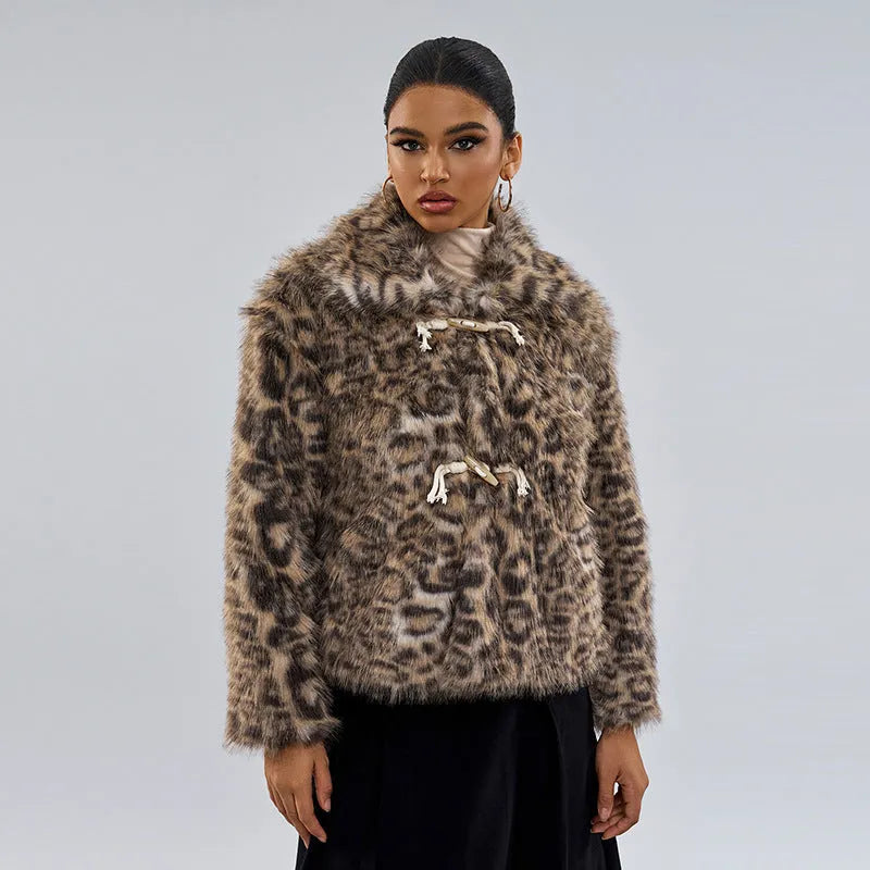 Women's leopard print coat with buckle lapel detail in street fashion style