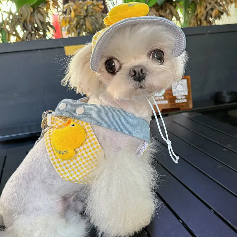 Three-piece pet clothing set with cute hat, dog harness, and wire rope leash in spring summer design