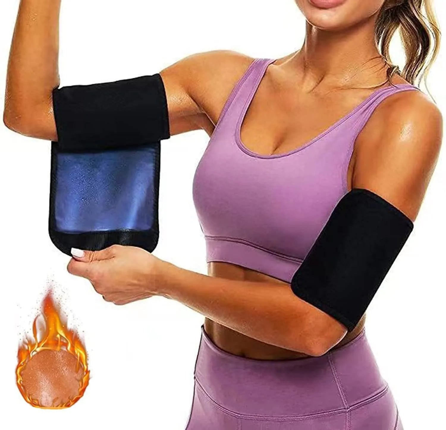 Sports arm sweatband shown in blue, silver, black and yellow, and black and red colour options for S to 5XL sizes.