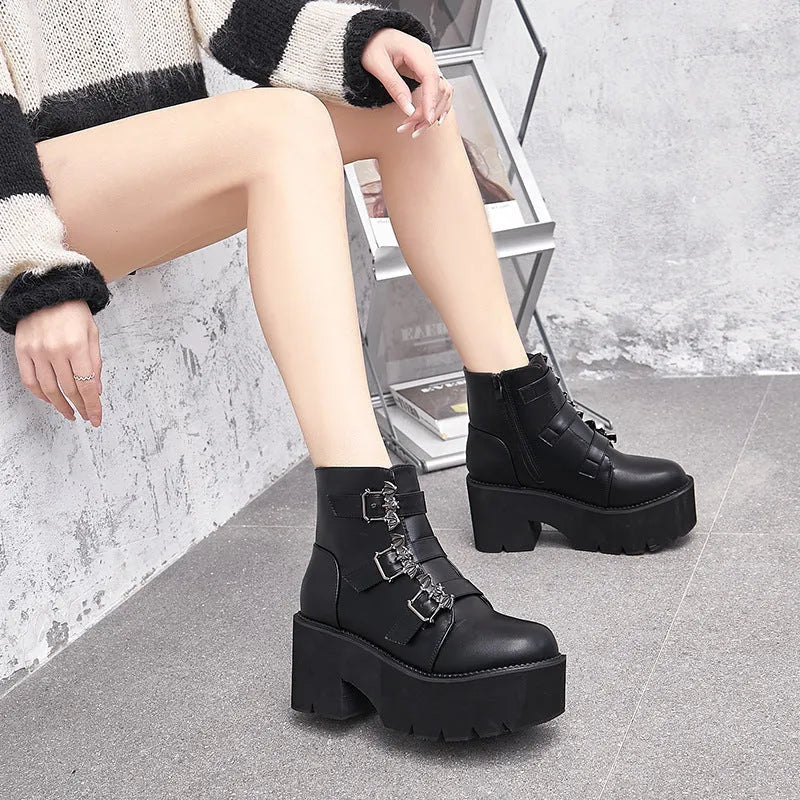 Black Gothic short boots with bat buckle, thick heel, and side zipper for Harajuku punk style