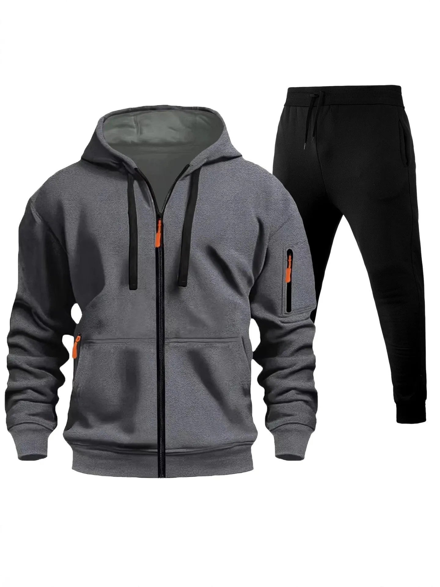 Men's zip-up hoodie set with multiple pockets and wool lining in camel colour