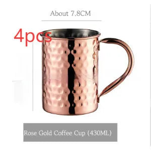 Stainless steel Moscow Mule cup with copper-plated finish in hammered and plain styles.