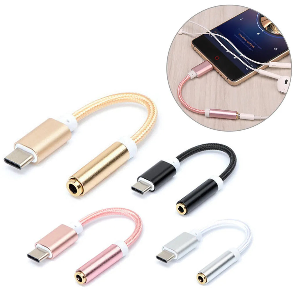 Type-C to 3.5mm headphone adapter cable with 12cm black nylon braiding