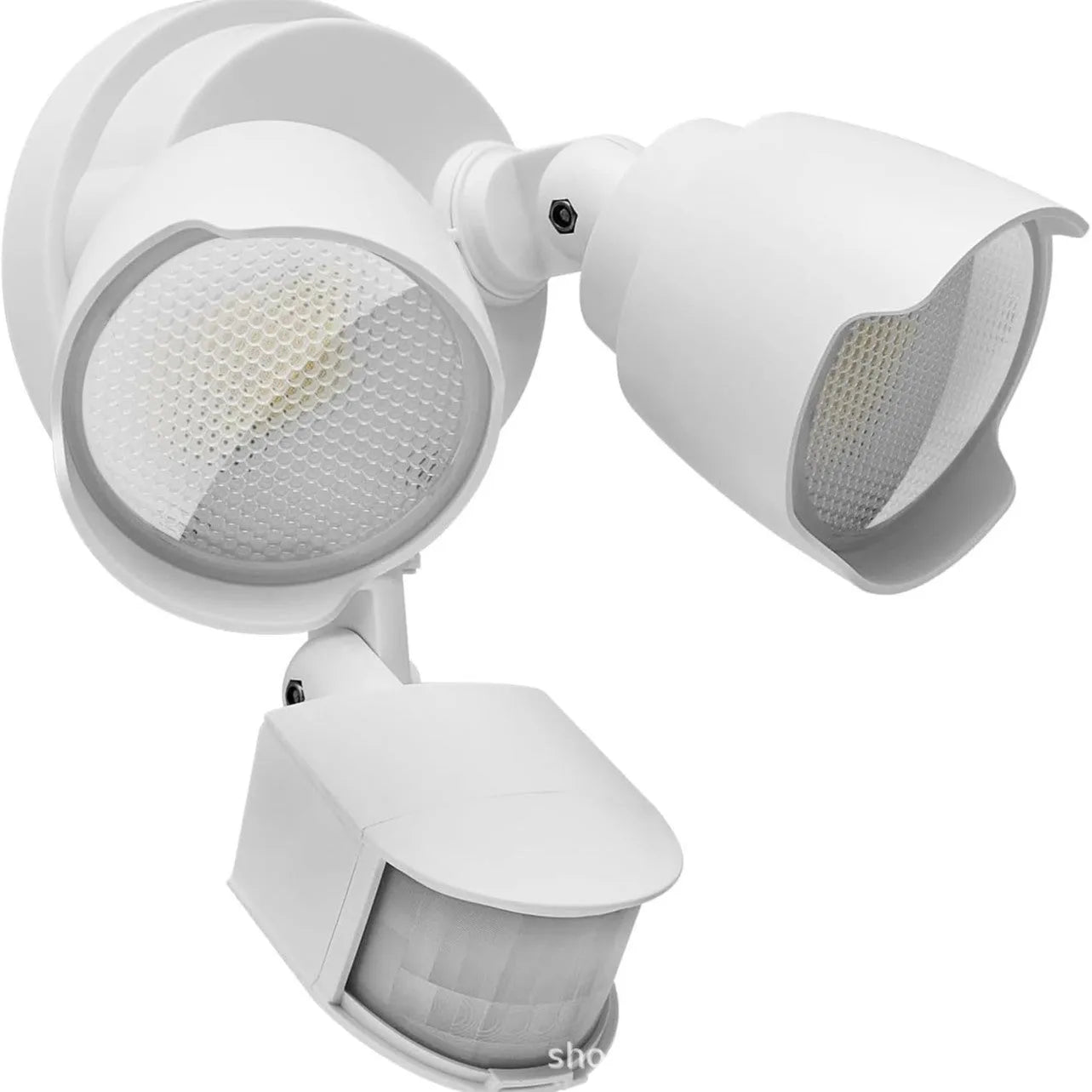 White LED security flood light with motion sensor for outdoor courtyard and garage lighting