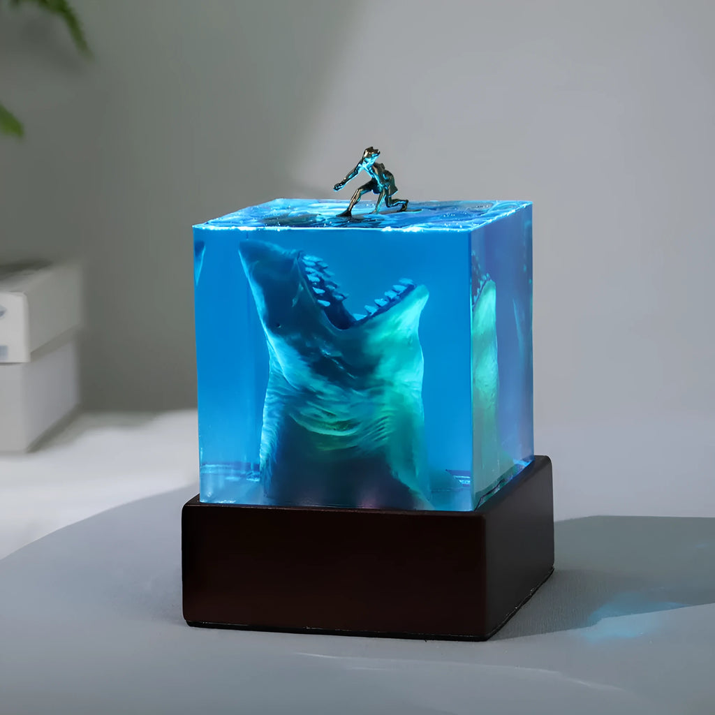 Shark surfer resin night light ornament with crystal glue finish in 5cm or 8cm size