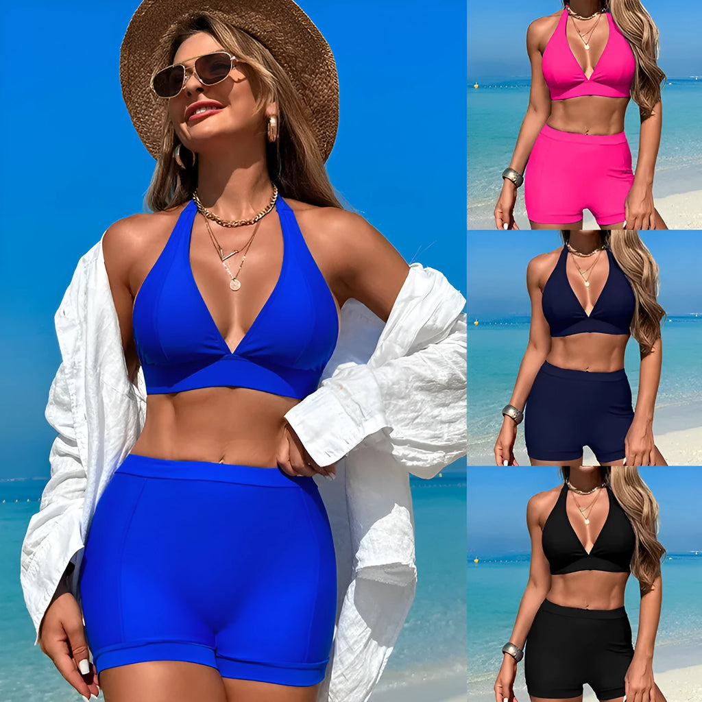 Women's black split bikini swimsuit made of nylon with polyester lining.