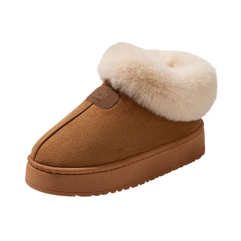 Women's casual solid colour slippers with suede upper and bear logo heel cover on a neutral background