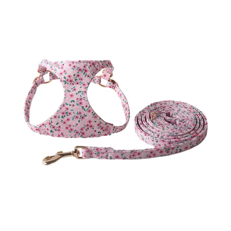 Cloth dog harness and leash set shown in an orange colour, with size options for small to medium dogs.