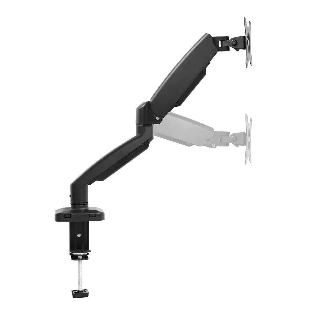 Black rotating telescopic LCD screen bracket on table with adjustable height and rotation features