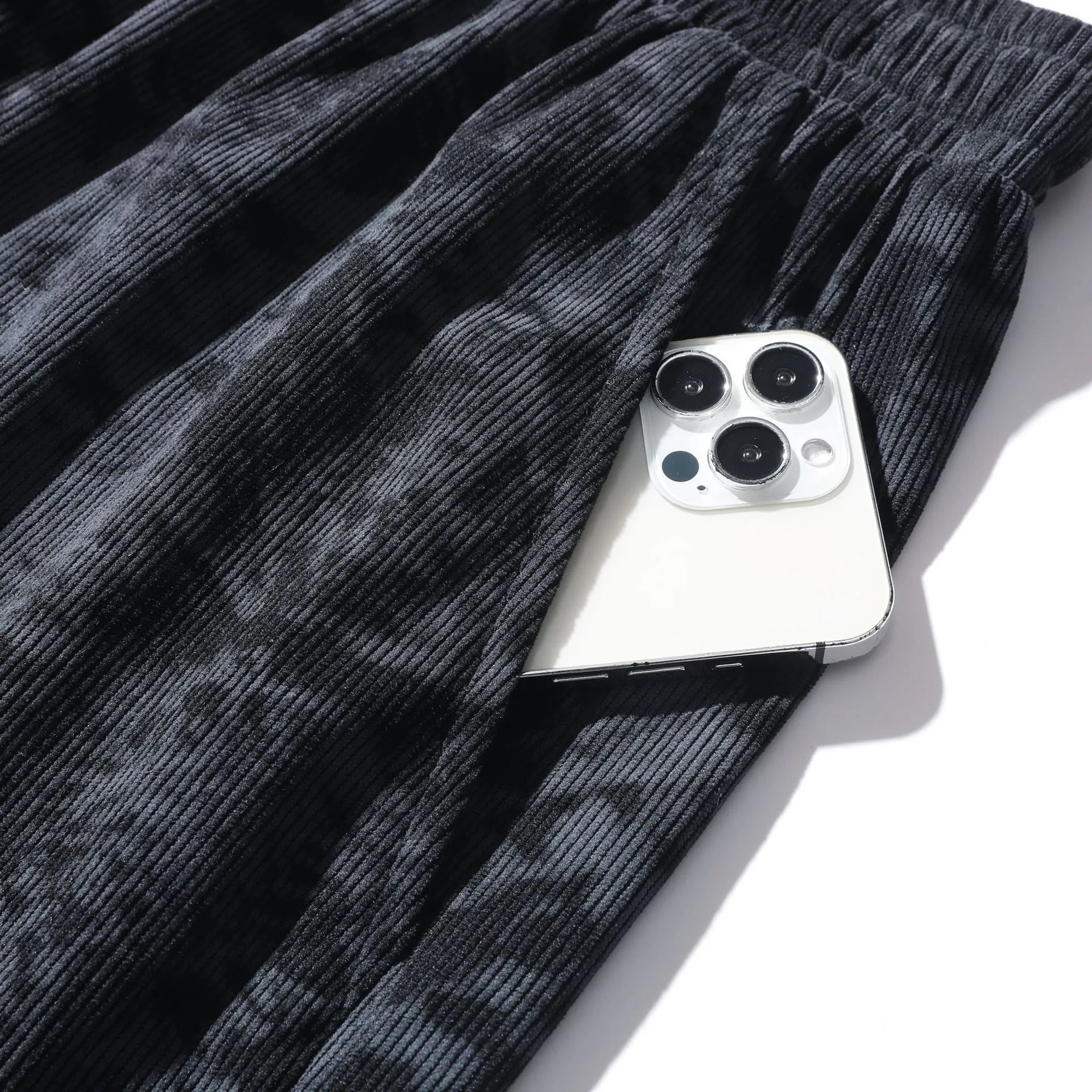 Men's high waist camouflage corduroy athletic shorts in white gray and black colors with straight fit design