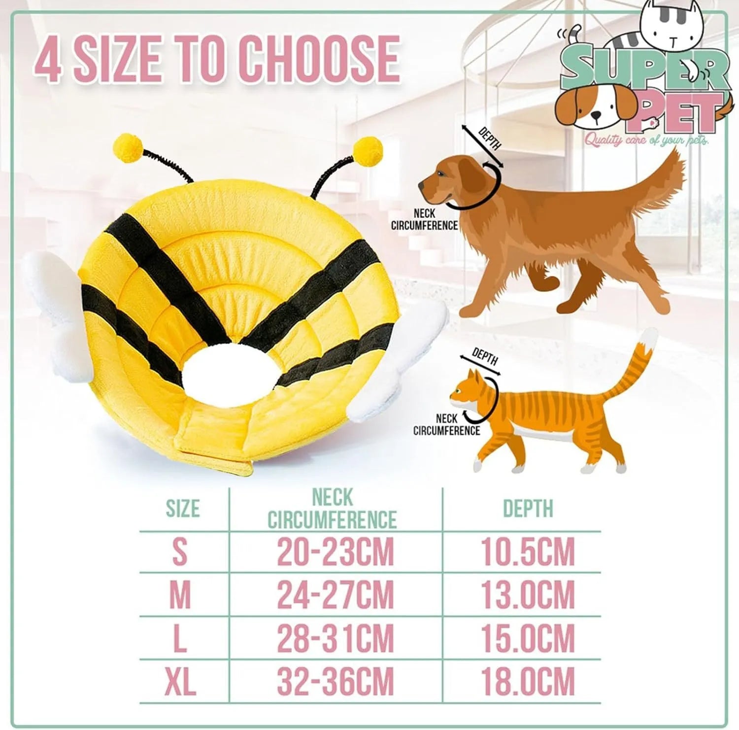 Soft white cat cone collar with black bee design and yellow wings, showing Velcro closure strap.