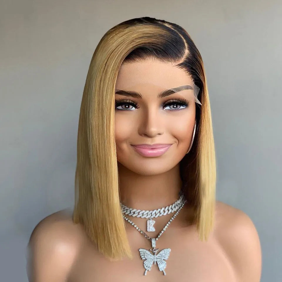 Ombre straight real human hair short bob wig with 180% density, 12 inch length, half lace front