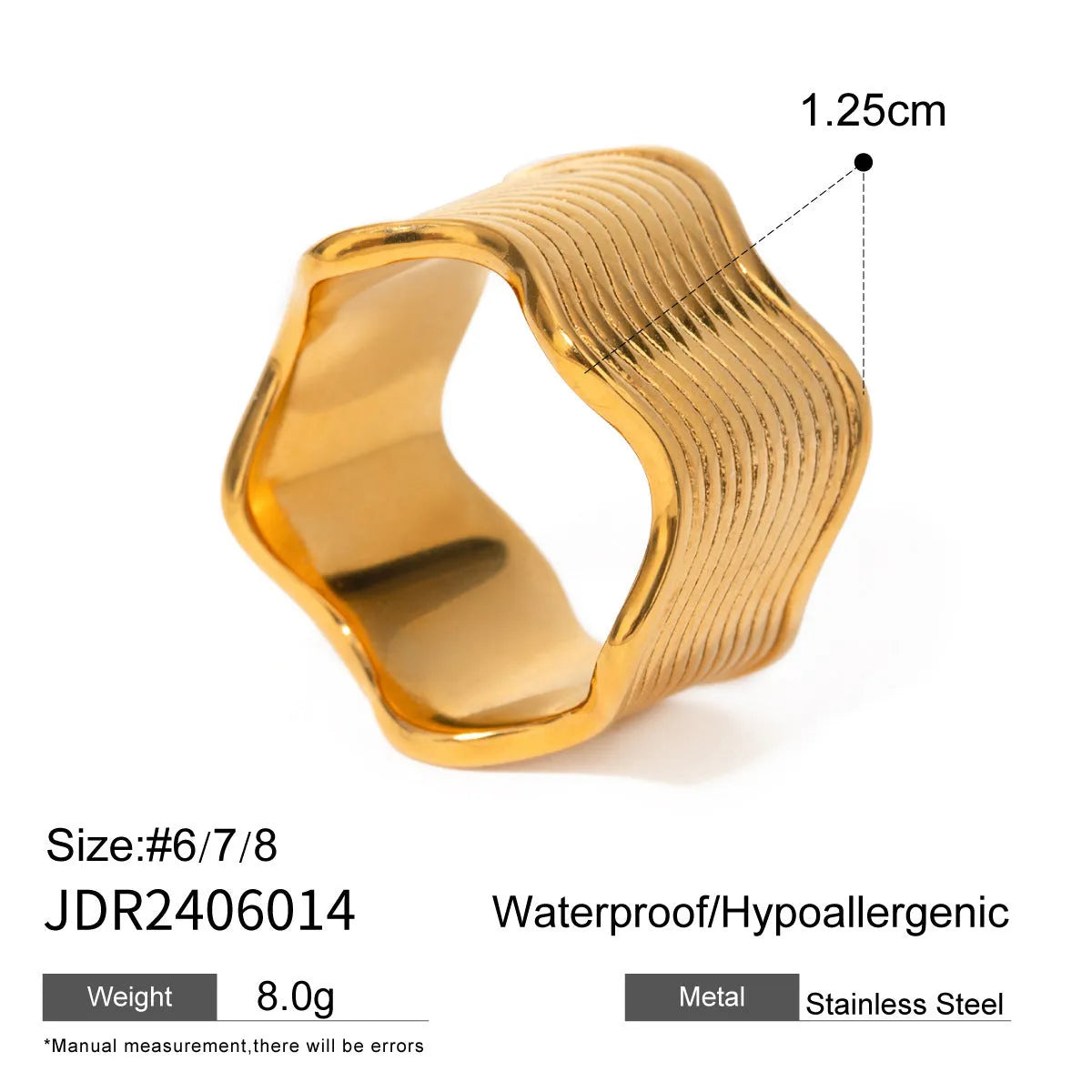 Stainless steel geometric wave ring with electroplated finish in gold or silver tone