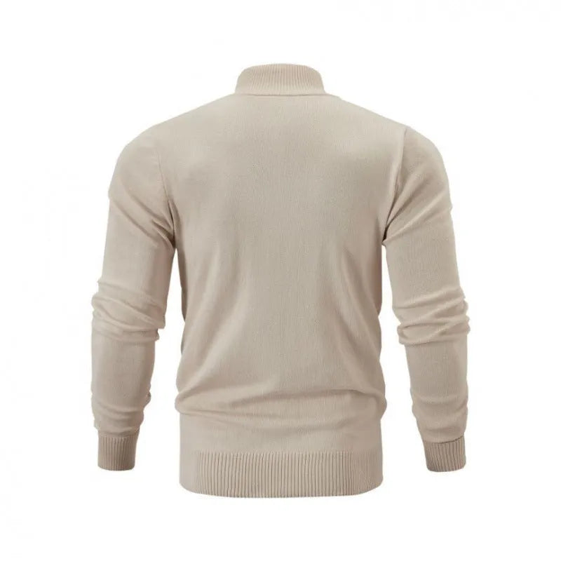 Man wearing a stand collar casual zip-up sweater in a solid colour, showing the full-length front zipper and loose fit.