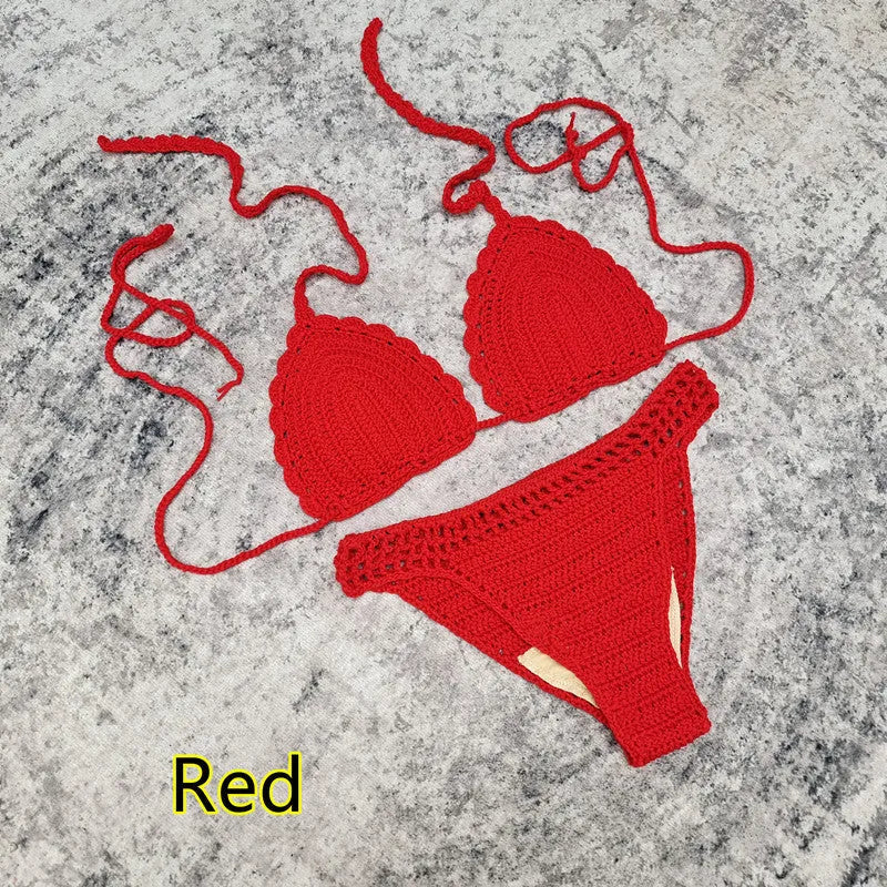 Women's 3-piece crochet bikini swimsuit set in a choice of colours on a mannequin.