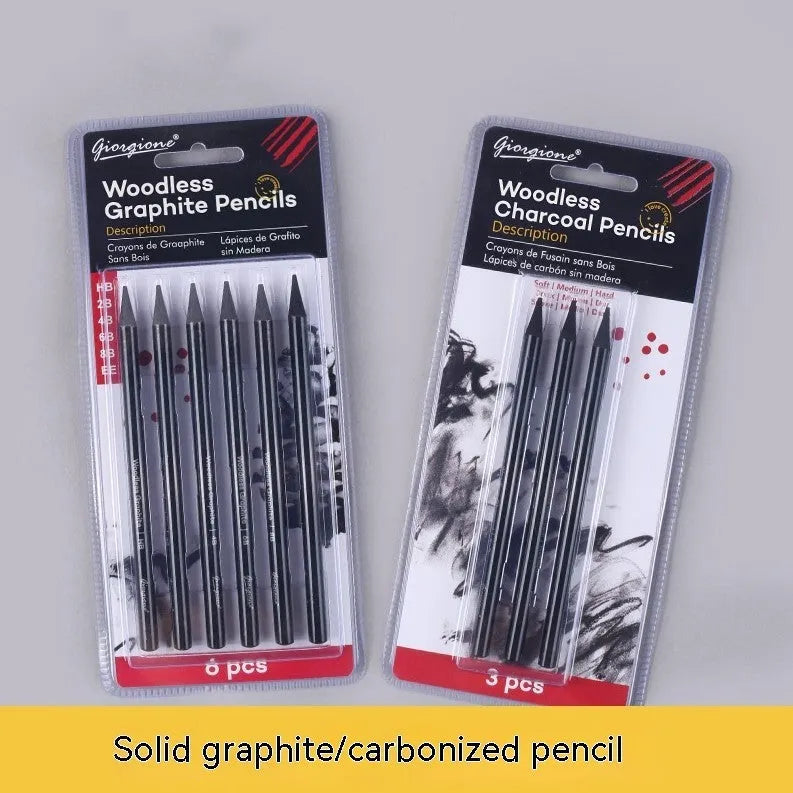 Set of six graphite and three carbonized drawing pencils with wooden casings on a suction card.