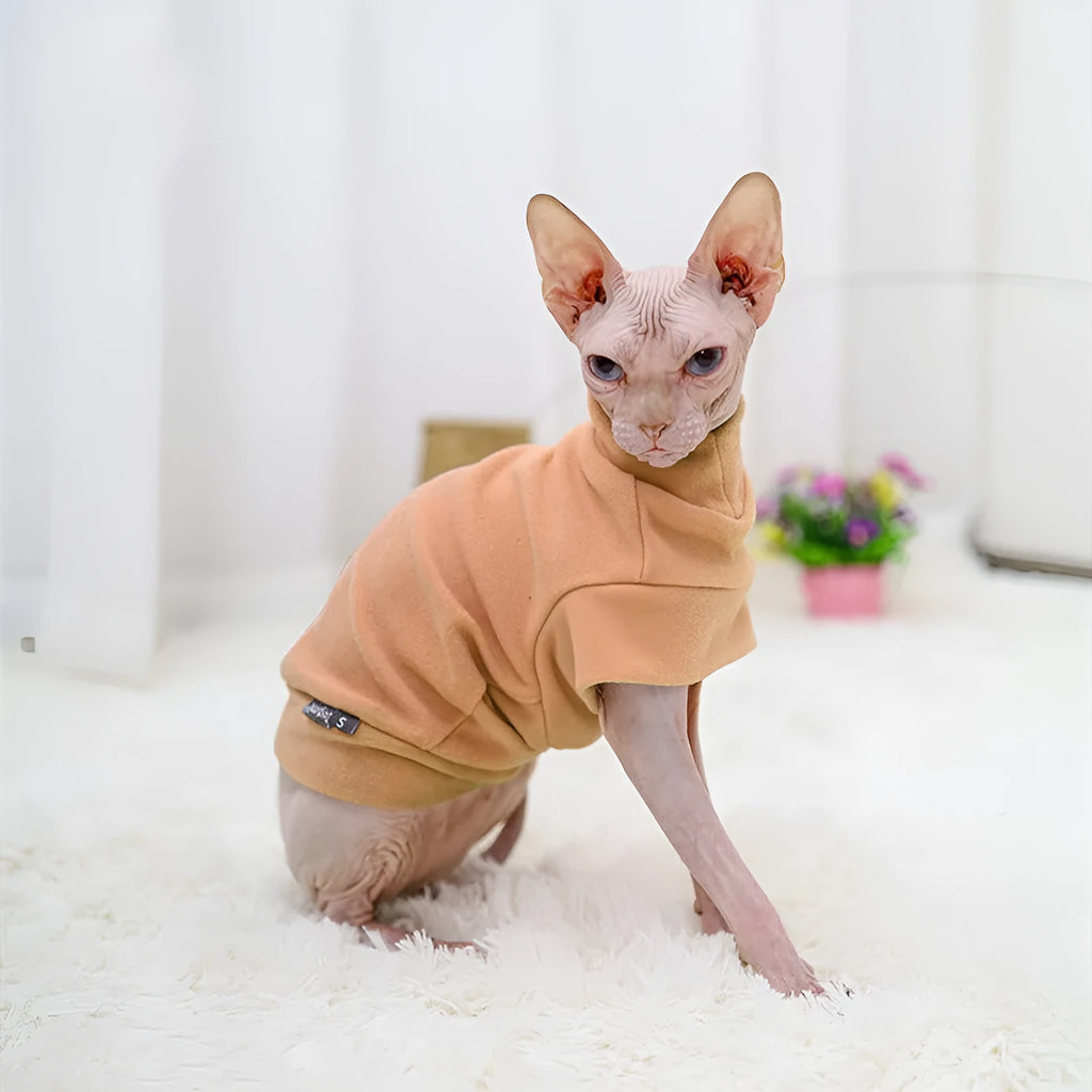 Simple warm pet clothes for hairless cats, rabbit plush sweater in light brown, blue, pink, leisure style