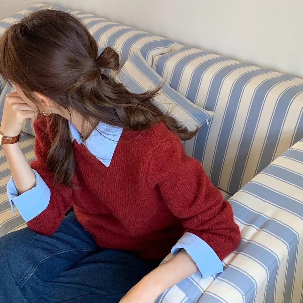 Idle Style contrast color lapels knitwear top for women, free size long sleeve polyester top in navy blue