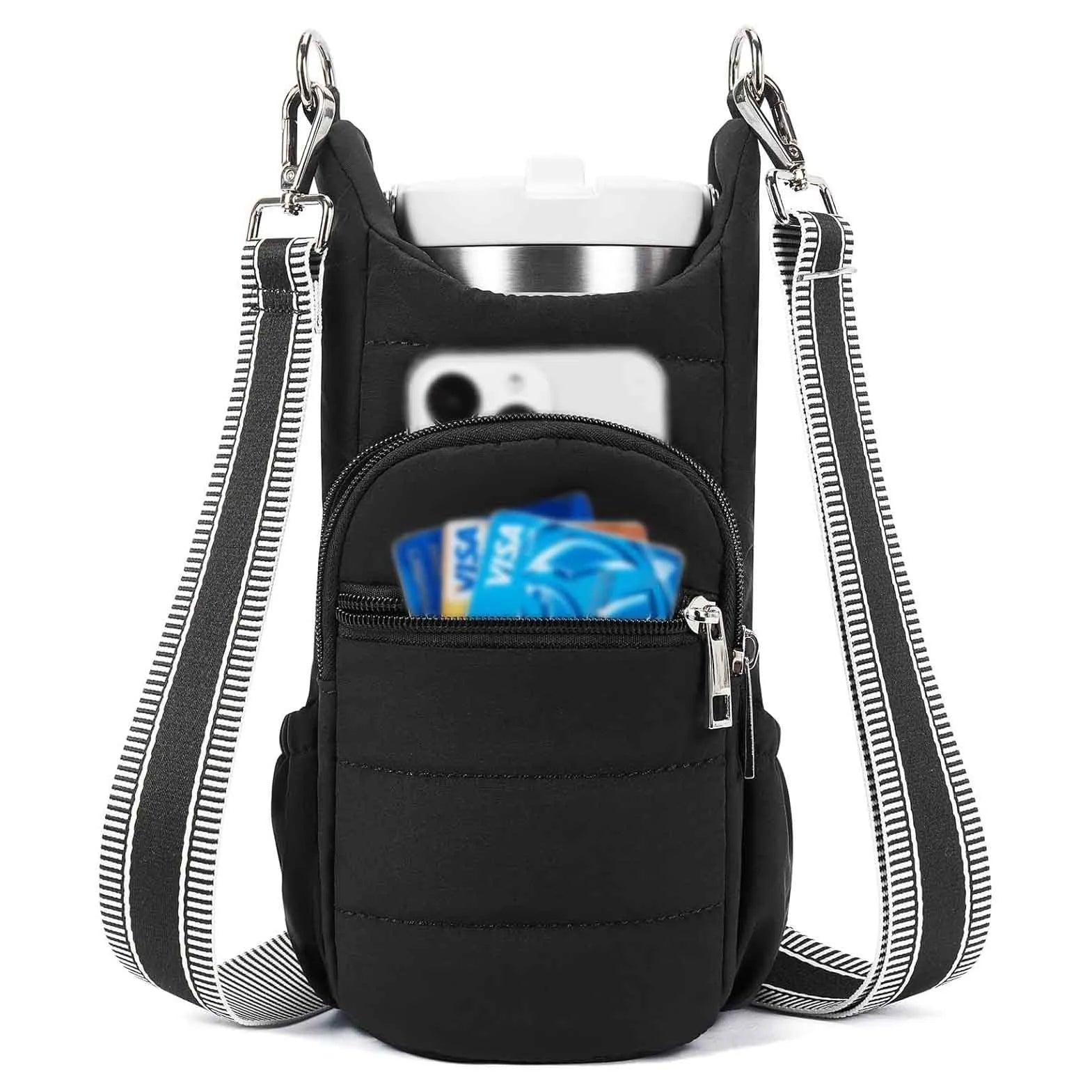 Cloth cycling water bottle bag in beige colour positioned on bicycle frame
