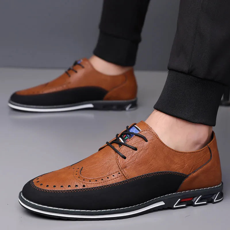 Men's black casual leather shoes with a rubber sole and leather toe cap.